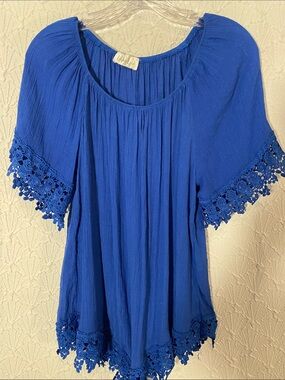 Boho Crochet-Trim Peasant Blouse — Cobalt Blue Linda Leal